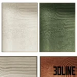 High-resolution 3D model of Wabi Sabi textured wall art painting with green plaster relief and geometric lines for minimalist interior