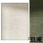 High-resolution 3D model of Wabi Sabi textured wall art painting with green plaster relief and geometric lines for minimalist interior