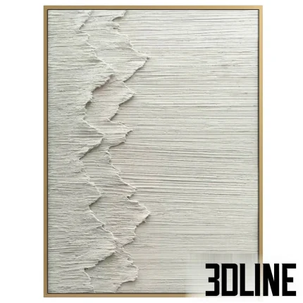 High-resolution 3D model of textured abstract wall art painting with white plaster relief and gold frame for luxury interior styling