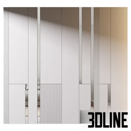 High-detail 3D model of modern modular wall paneling with mixed flat and vertical linear elements for bedroom interior