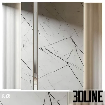 High-resolution 3D model of a modular wall panel with white marble slab and vertical fluted wood texture