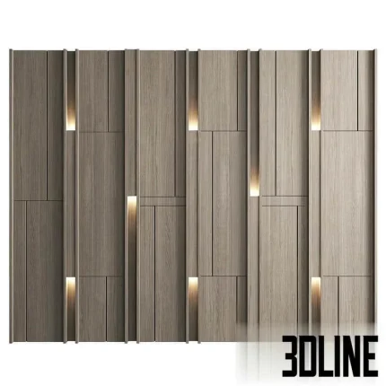 High-resolution 3D model of modern wood wall paneling with vertical slats and integrated ambient light strips for luxury interior design