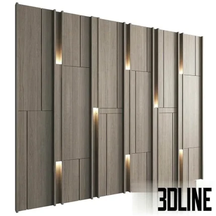 High-resolution 3D model of modern wood wall paneling with vertical slats and integrated ambient light strips for luxury interior design
