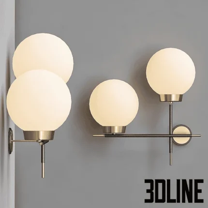 High-resolution 3D model set of modern globe wall lights with spherical opal glass diffusers and thin metal arms