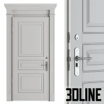 High-resolution 3D model of a white classic front door with detailed wood molding, door trim, and metal handle set
