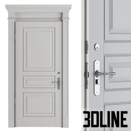 High-resolution 3D model of a white classic front door with detailed wood molding, door trim, and metal handle set