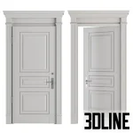 High-resolution 3D model of a white classic front door with detailed wood molding, door trim, and metal handle set
