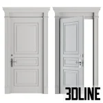 High-resolution 3D model of a white classic front door with detailed wood molding, door trim, and metal handle set