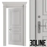 High-resolution 3D model of a white classic front door with detailed wood molding, door trim, and metal handle set