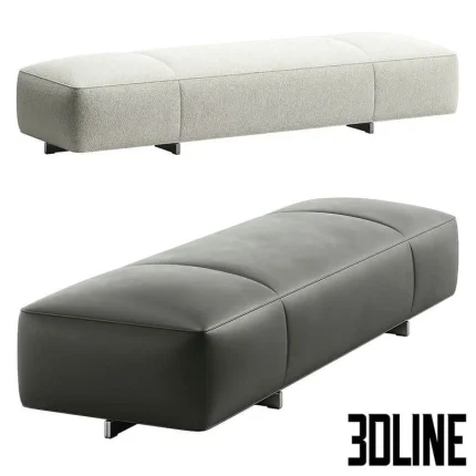 High-end 3D model of Minotti Yves long upholstered bench in fabric and leather options for entryway and bedroom visualization