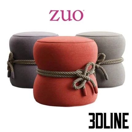 High-quality 3D model set of Zuo Mod Tubby round ottomans wrapped in decorative rope for creative interior visualization