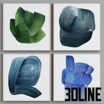 High-resolution 3D model set of four abstract wall paintings with thick brushstrokes and curved lines in metal frames