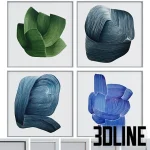 High-resolution 3D model set of four abstract wall paintings with thick brushstrokes and curved lines in metal frames
