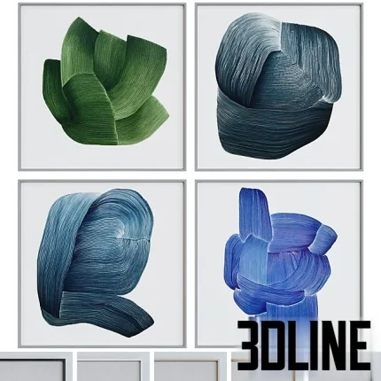 High-resolution 3D model set of four abstract wall paintings with thick brushstrokes and curved lines in metal frames