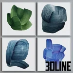 High-resolution 3D model set of four abstract wall paintings with thick brushstrokes and curved lines in metal frames