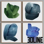 High-resolution 3D model set of four abstract wall paintings with thick brushstrokes and curved lines in metal frames