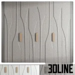 High-resolution 3D model of a modern wardrobe with abstract wave fabric panels, wood accent handles, and integrated storage