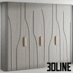 High-resolution 3D model of a modern wardrobe with abstract wave fabric panels, wood accent handles, and integrated storage