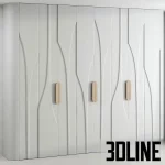 High-resolution 3D model of a modern wardrobe with abstract wave fabric panels, wood accent handles, and integrated storage