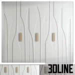 High-resolution 3D model of a modern wardrobe with abstract wave fabric panels, wood accent handles, and integrated storage