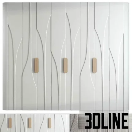 High-resolution 3D model of a modern wardrobe with abstract wave fabric panels, wood accent handles, and integrated storage