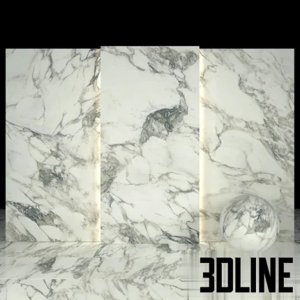 High-resolution 3D material of Arabescato white marble slab texture with prominent grey veining for luxury interior surfaces