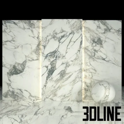 High-resolution 3D material of Arabescato white marble slab texture with prominent grey veining for luxury interior surfaces
