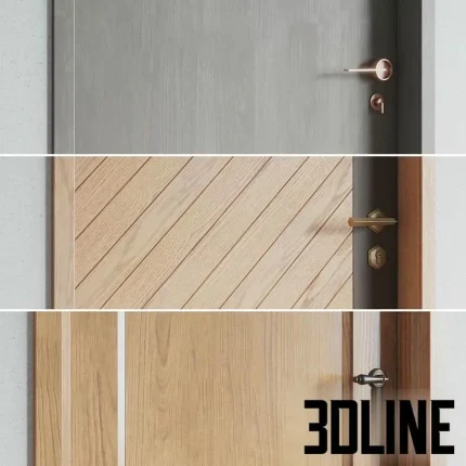 High-resolution 3D model set of three arched interior doors with different wood and color finishes and modern/classic hardware
