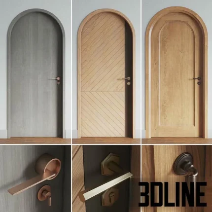 High-resolution 3D model set of three arched interior doors with different wood and color finishes and modern/classic hardware