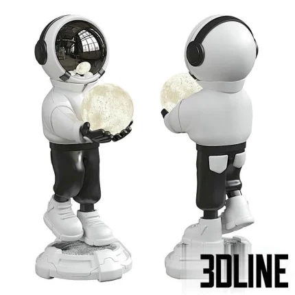 High-resolution 3D model of an Astronaut statue lamp holding a glowing moon light for novelty and space themed interior decor