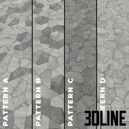 High-resolution 3D material set of 4 asymmetrical paving stone textures (Origami) for exterior sidewalk and patio rendering