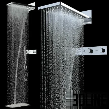 High-resolution 3D model of Axor rectangular overhead shower head with high-flow water effect and chrome finish