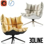 High-end 3D model of B&B Italia HUSK armchair with quilted cushions and four-star swivel base in black and white shell options