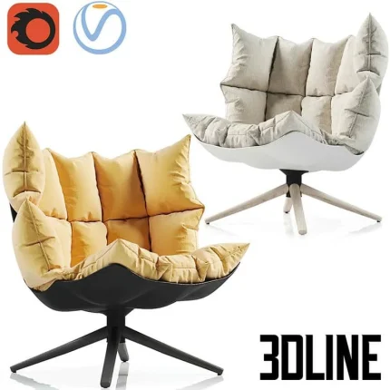 High-end 3D model of B&B Italia HUSK armchair with quilted cushions and four-star swivel base in black and white shell options