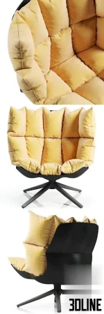High-end 3D model of B&B Italia HUSK armchair with quilted cushions and four-star swivel base in black and white shell options