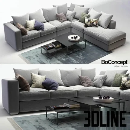 High-resolution 3D model of BoConcept Cenova large sectional sofa with deep cushions, throw pillows, and coffee table setv