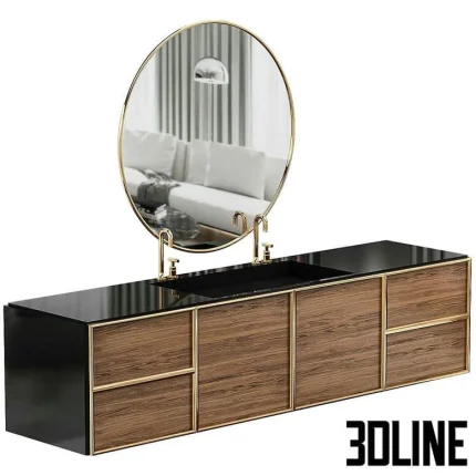 High-resolution 3D model of Chani Guttman luxury double washbasin vanity with gold frame, wood drawers, and round mirror