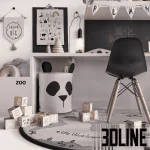 High-resolution 3D model set of children's room decor with panda storage basket, wooden alphabet blocks, rug, and wall art