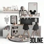 High-resolution 3D model set of children's room decor with panda storage basket, wooden alphabet blocks, rug, and wall art