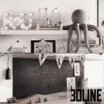 High-resolution 3D model set of children's room decor with panda storage basket, wooden alphabet blocks, rug, and wall art