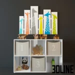 High-resolution 3D model set of wooden animal toys, storage cubes, and colorful giraffe wall art for children's room visualization