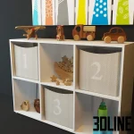High-resolution 3D model set of wooden animal toys, storage cubes, and colorful giraffe wall art for children's room visualization
