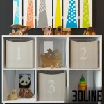 High-resolution 3D model set of wooden animal toys, storage cubes, and colorful giraffe wall art for children's room visualization