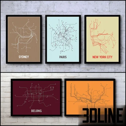 High-resolution 3D model set of framed city map wall art (Sydney, Paris, NYC, Beijing) for modern office and living room decor