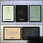 High-resolution 3D model set of framed city map wall art (Sydney, Paris, NYC, Beijing) for modern office and living room decor