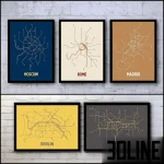 High-resolution 3D model set of framed city map wall art (Sydney, Paris, NYC, Beijing) for modern office and living room decor