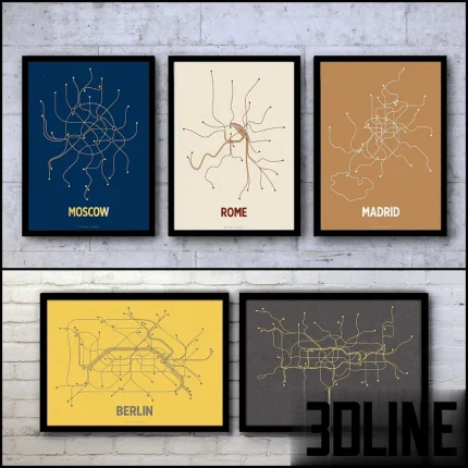 High-resolution 3D model set of framed city map wall art (Sydney, Paris, NYC, Beijing) for modern office and living room decor