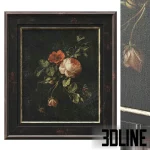 High-resolution 3D model of a classic oil painting of roses and flowers in a dark, distressed wooden frame
