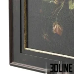 High-resolution 3D model of a classic oil painting of roses and flowers in a dark, distressed wooden frame
