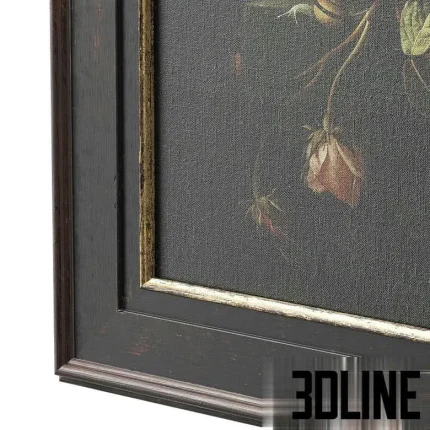 High-resolution 3D model of a classic oil painting of roses and flowers in a dark, distressed wooden frame